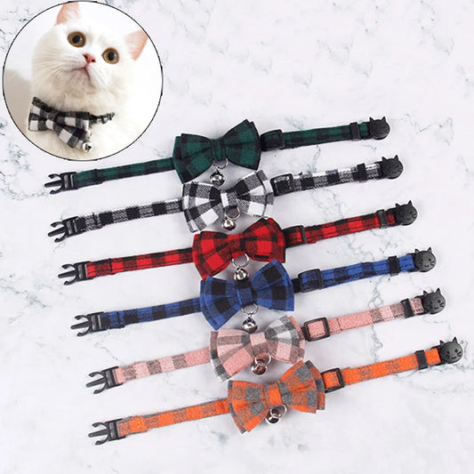 Fashion Plaid Dog Cat Bow Collar with Bells